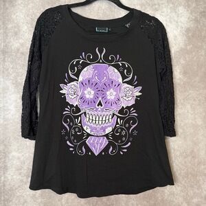 Too Fast Brand Lace Sleeve Purple Sugar Skull Diamond Tee‎ Size XL Emo Scene